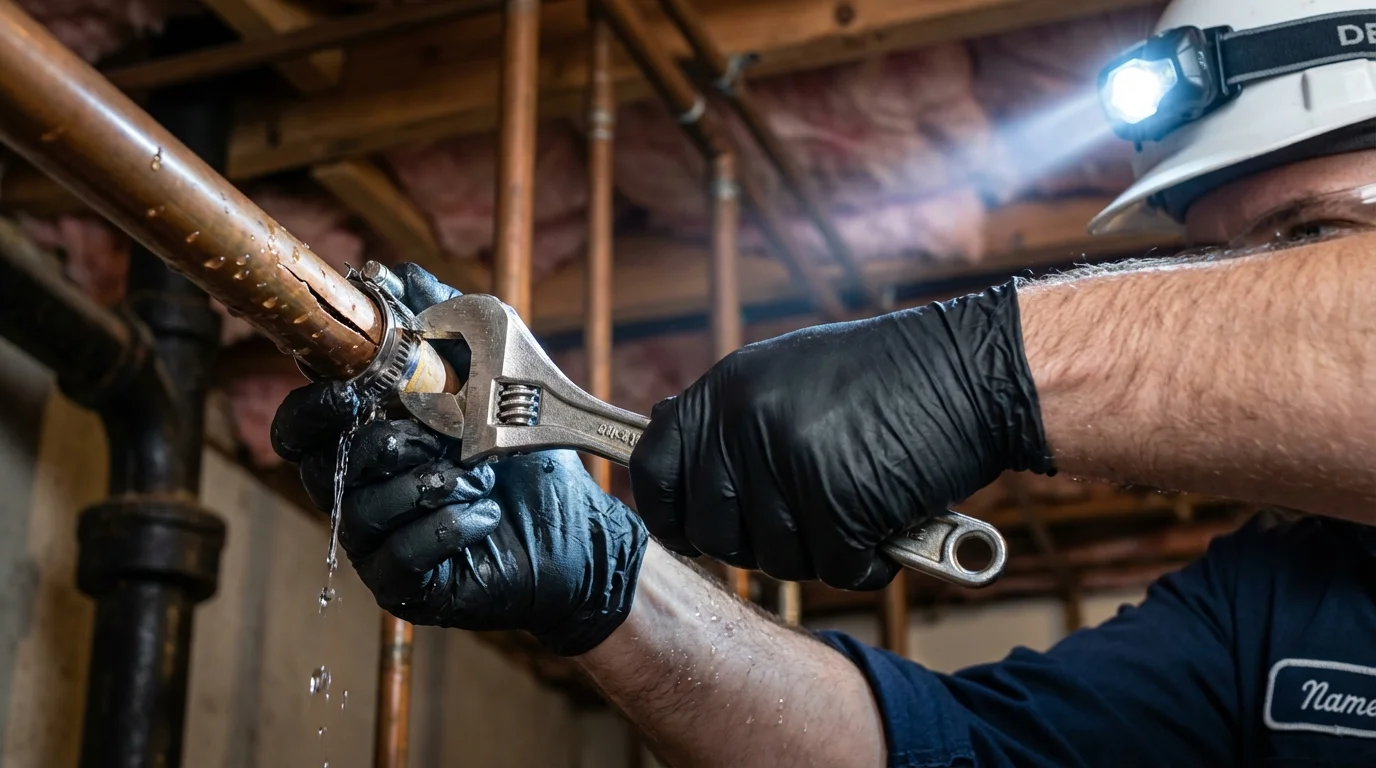 Emergency pipe clamp repair being performed by a Johns Plumbing LLC plumber in Fairbury