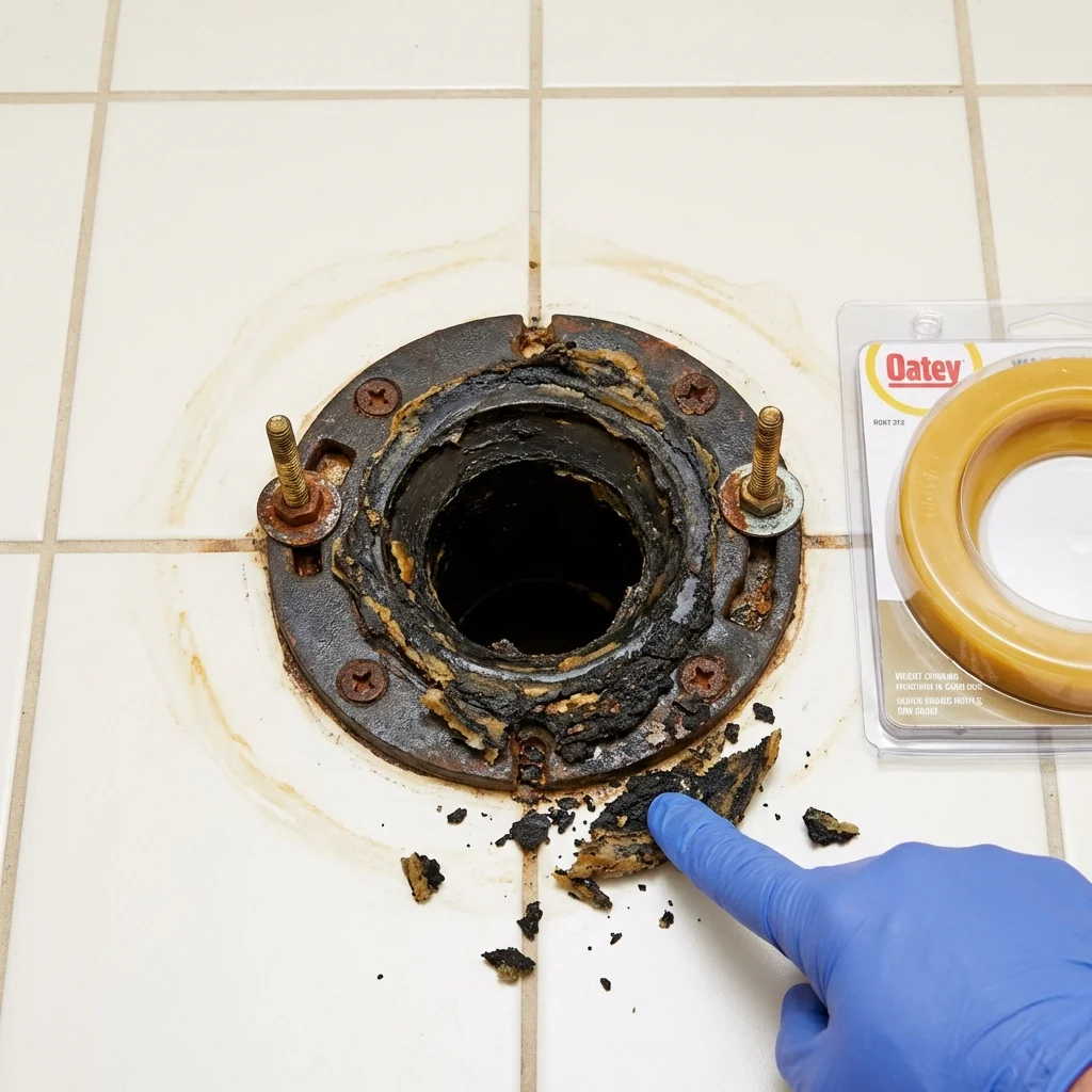 Failed wax ring showing water seepage at the base of a toilet in a Fairbury, IL home