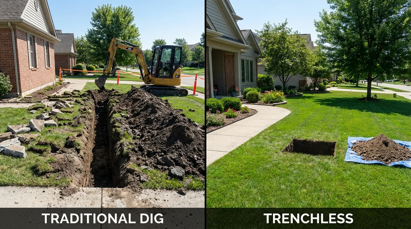 Trenchless sewer repair with minimal yard damage versus traditional excavation in Fairbury, IL